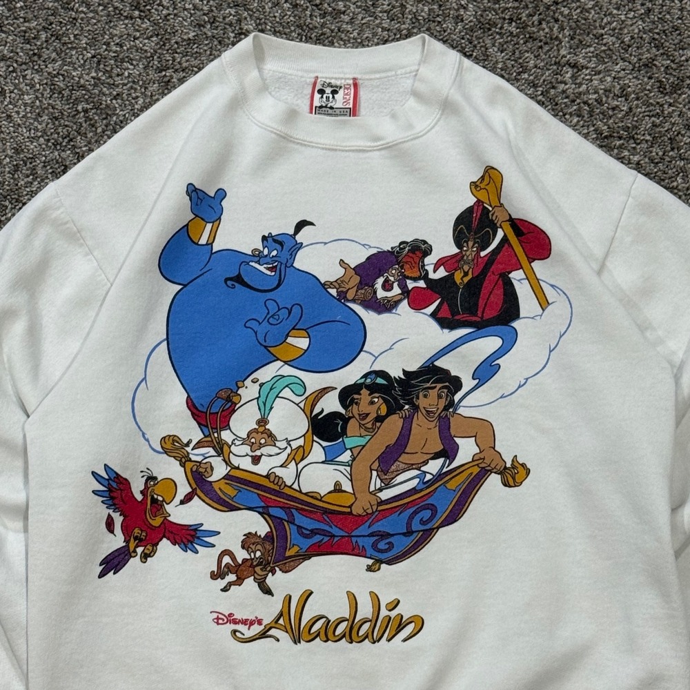 Vintage 90s Disney Aladdin Character Spread Sweatshirt Mens‎ L White Movie USA